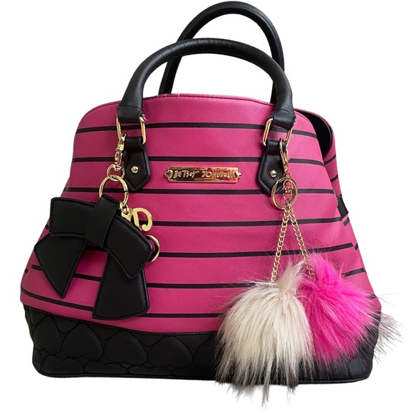 Betsey Johnson Handbags - Betsey Johnson Pink Black Striped Satchel Heart Quilted Bow Pom Pom Handbag